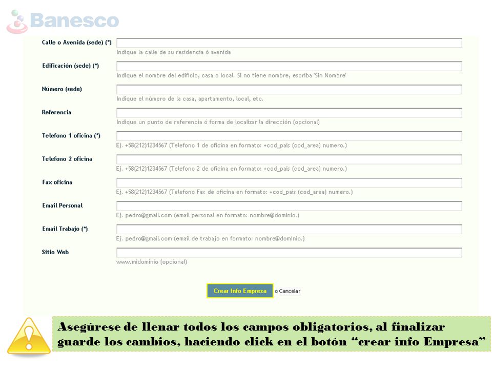 Asegúrese de llenar todos los campos obligatorios, al finalizar guarde los cambios, haciendo click en el botón crear info Empresa
