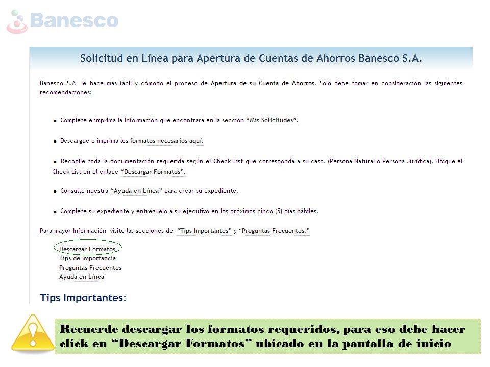 Recuerde descargar los formatos requeridos, para eso debe hacer click en Descargar Formatos ubicado en la pantalla de inicio