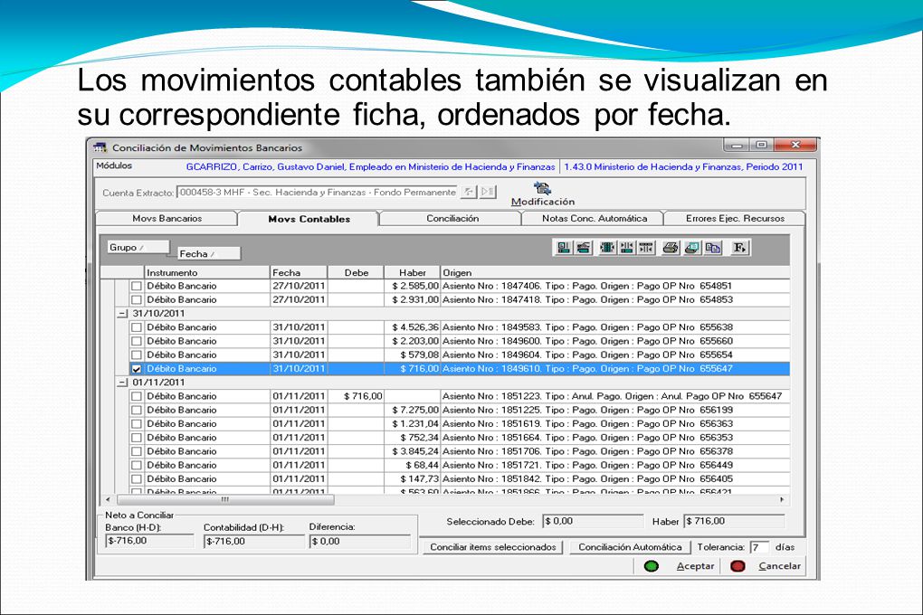 Los movimientos contables también se visualizan en su correspondiente ficha, ordenados por fecha.