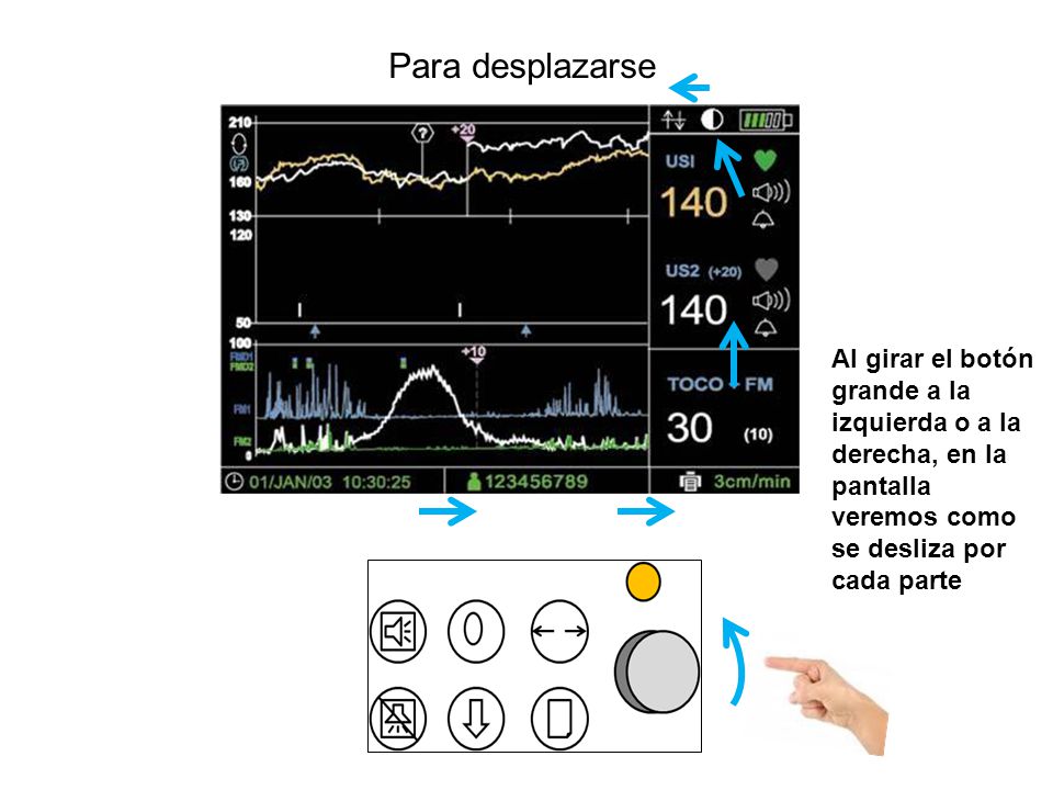 Para desplazarse Al girar el botón grande a la izquierda o a la derecha, en la pantalla veremos como se desliza por cada parte.