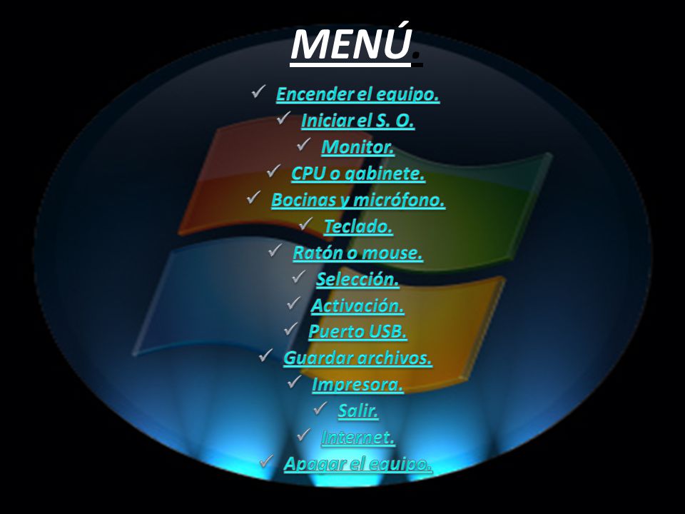 MENÚ. Encender el equipo. Iniciar el S. O. Monitor. CPU o gabinete.
