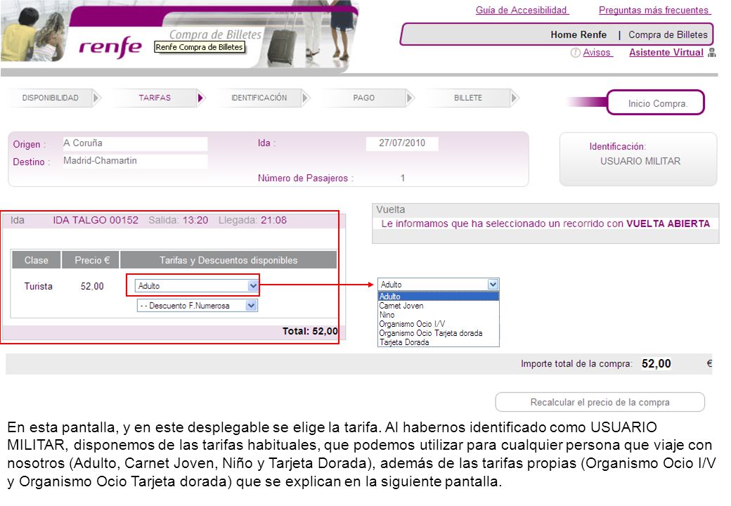 En esta pantalla, y en este desplegable se elige la tarifa