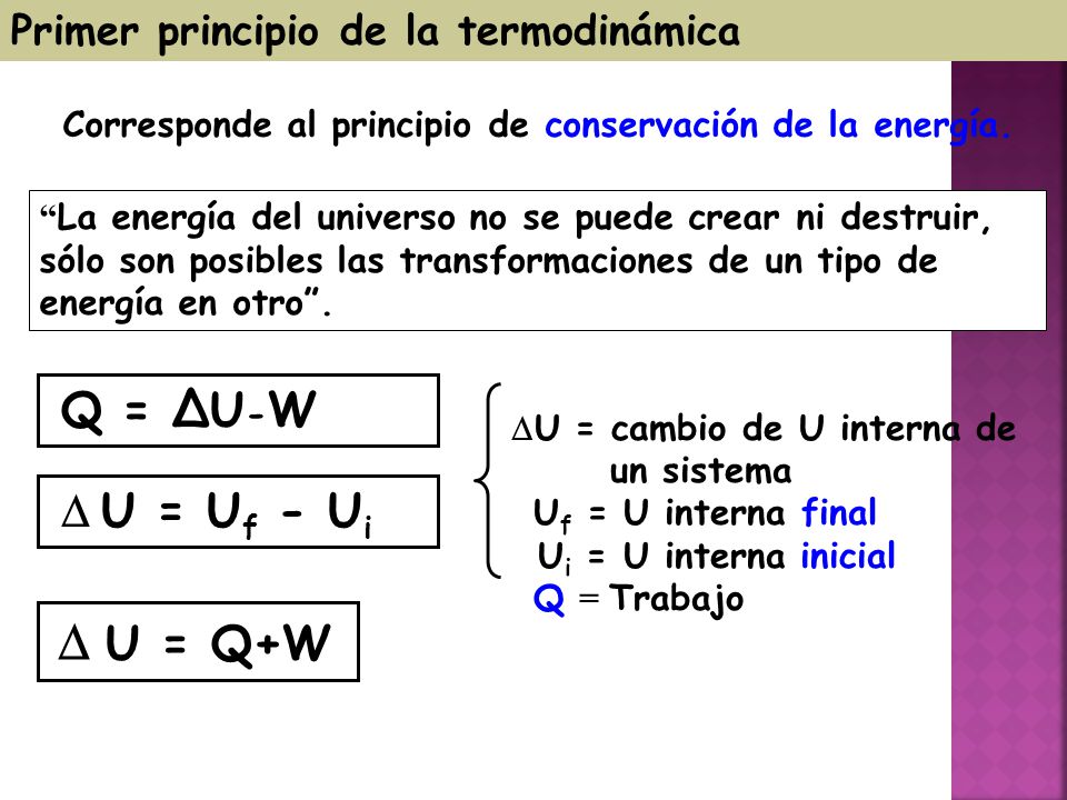 Q = ∆U-W D U = Uf - Ui Primer principio de la termodinámica