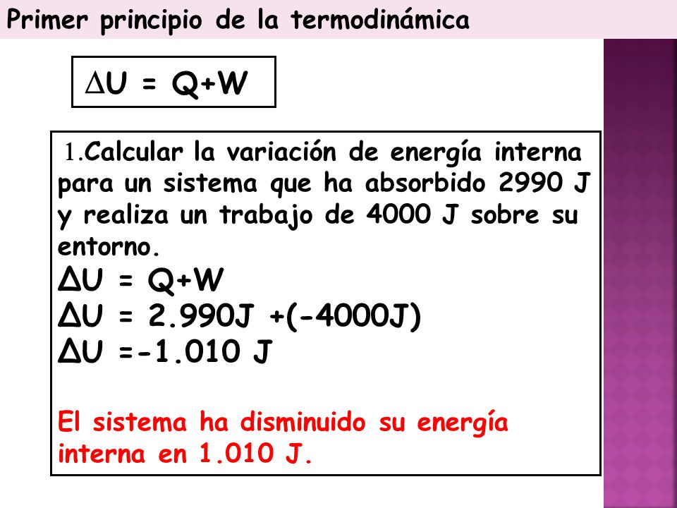∆U = Q+W ∆U = 2.990J +(-4000J) ∆U = J