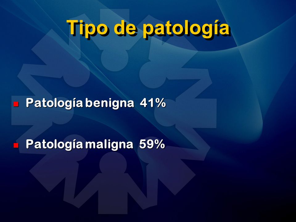 Tipo de patología Patología benigna 41% Patología maligna 59%