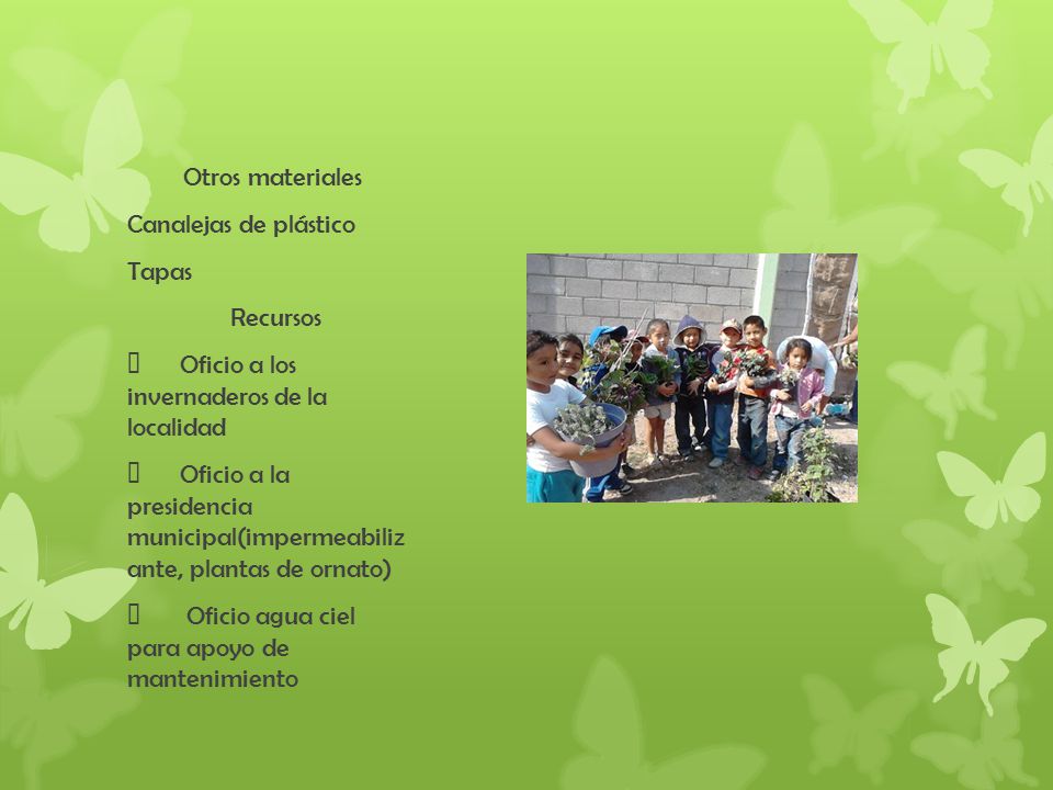 Otros materiales Canalejas de plástico. Tapas. Recursos.  Oficio a los invernaderos de la localidad.