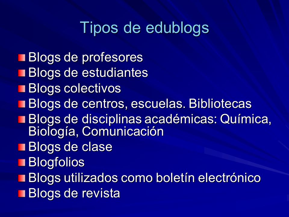 Tipos de edublogs Blogs de profesores Blogs de estudiantes