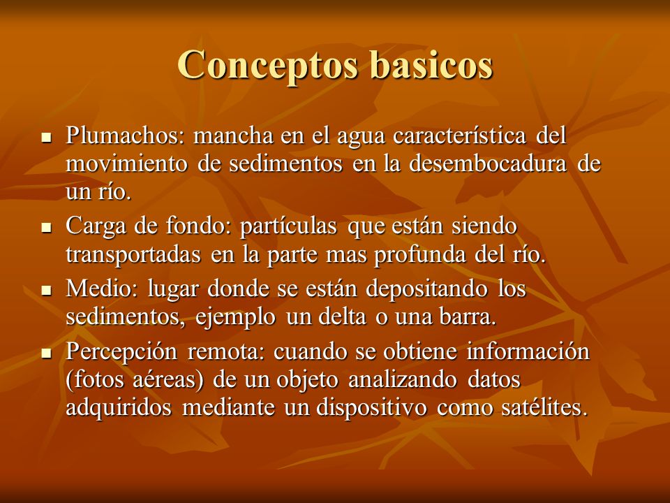 Conceptos basicos Plumachos: mancha en el agua característica del movimiento de sedimentos en la desembocadura de un río.