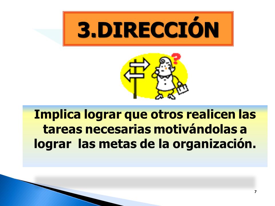 3.DIRECCIÓN Implica lograr que otros realicen las tareas necesarias motivándolas a lograr las metas de la organización.