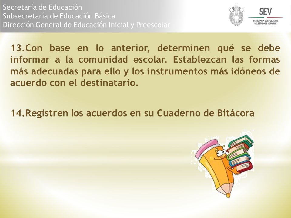 13.Con base en lo anterior, determinen qué se debe informar a la comunidad escolar.