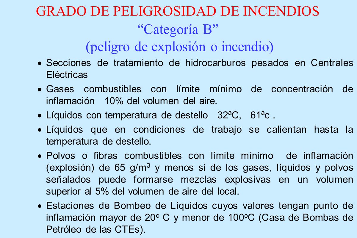 GRADO DE PELIGROSIDAD DE INCENDIOS Categoría B (peligro de explosión o incendio)