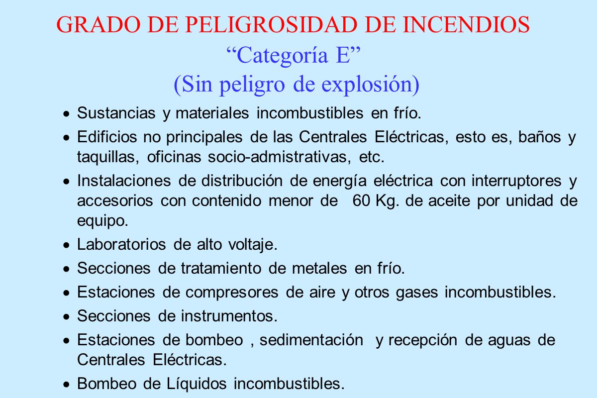 GRADO DE PELIGROSIDAD DE INCENDIOS Categoría E (Sin peligro de explosión)