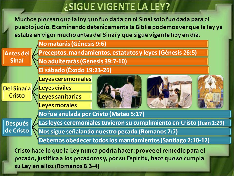 Muchos piensan que la ley que fue dada en el Sinaí solo fue dada para el pueblo judío. Examinando detenidamente la Biblia podemos ver que la ley ya estaba en vigor mucho antes del Sinaí y que sigue vigente hoy en día.