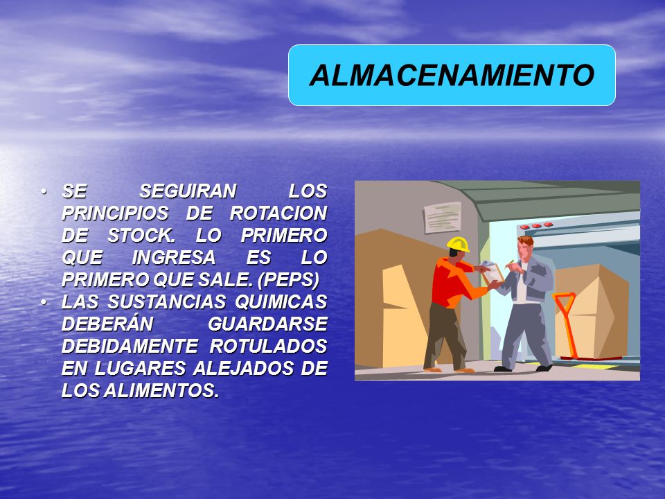 ALMACENAMIENTO SE SEGUIRAN LOS PRINCIPIOS DE ROTACION DE STOCK. LO PRIMERO QUE INGRESA ES LO PRIMERO QUE SALE. (PEPS)