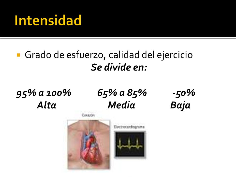 Intensidad Grado de esfuerzo, calidad del ejercicio Se divide en:
