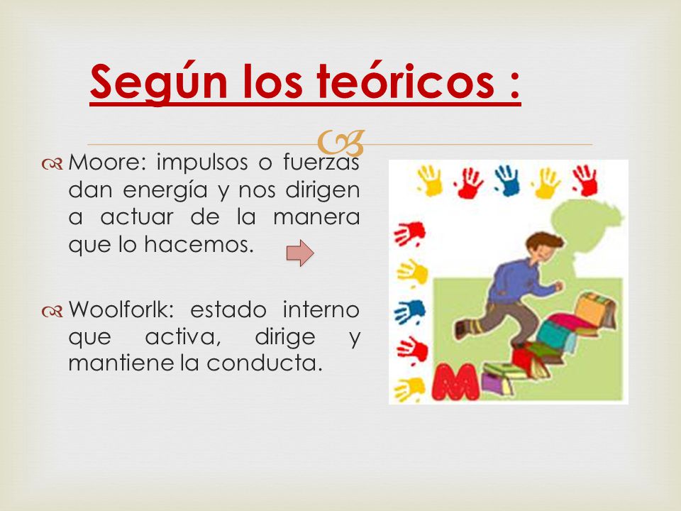 Según los teóricos : Moore: impulsos o fuerzas dan energía y nos dirigen a actuar de la manera que lo hacemos.