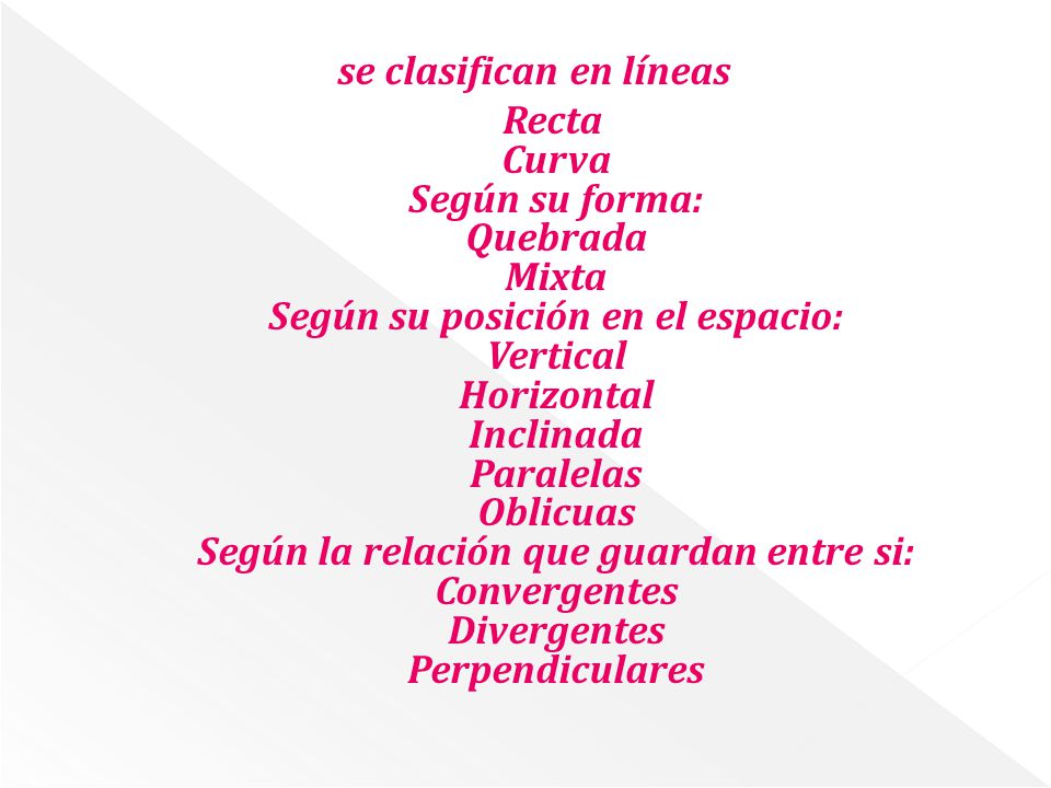 se clasifican en líneas Recta Curva Según su forma: Quebrada Mixta Según su posición en el espacio: Vertical Horizontal Inclinada Paralelas Oblicuas Según la relación que guardan entre si: Convergentes Divergentes Perpendiculares