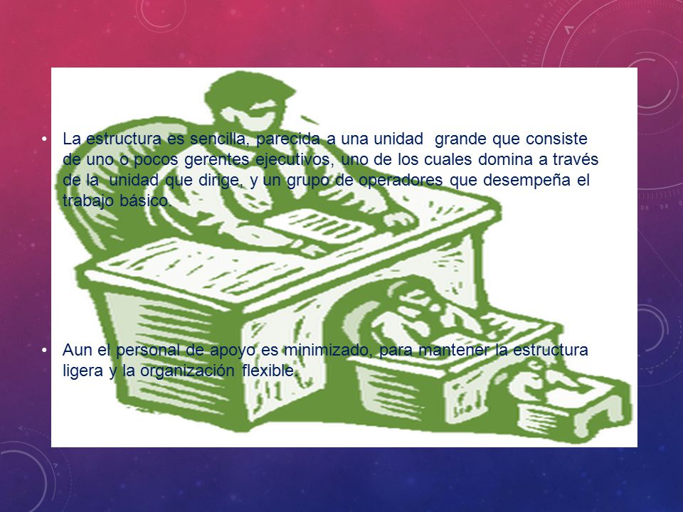 La estructura es sencilla, parecida a una unidad grande que consiste de uno o pocos gerentes ejecutivos, uno de los cuales domina a través de la unidad que dirige, y un grupo de operadores que desempeña el trabajo básico.