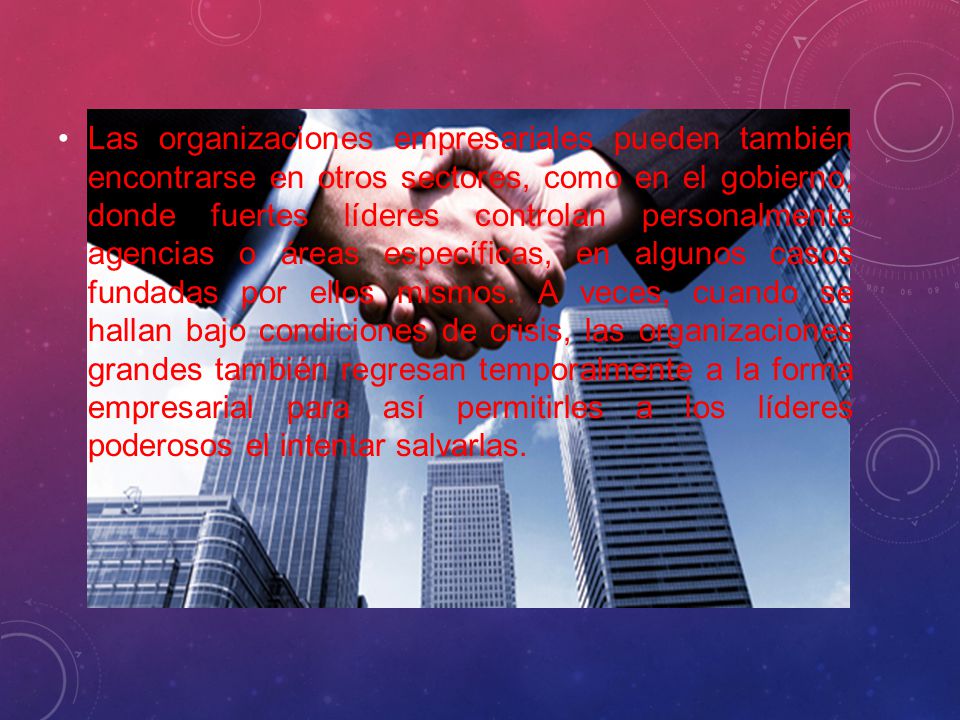 Las organizaciones empresariales pueden también encontrarse en otros sectores, como en el gobierno, donde fuertes líderes controlan personalmente agencias o áreas específicas, en algunos casos fundadas por ellos mismos.