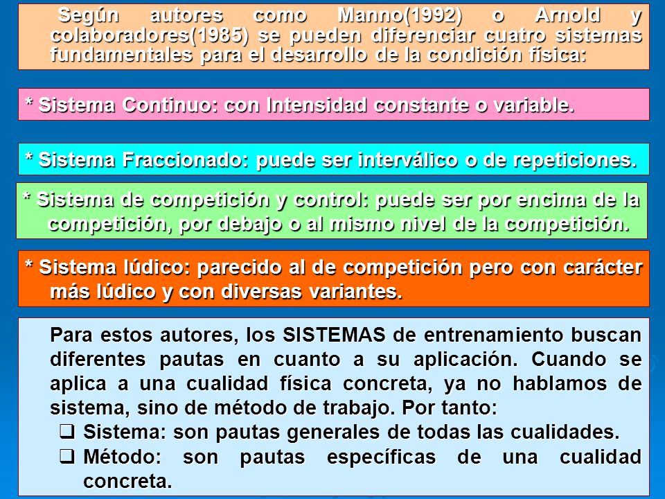 Según autores como Manno(1992) o Arnold y colaboradores(1985) se pueden diferenciar cuatro sistemas fundamentales para el desarrollo de la condición física: