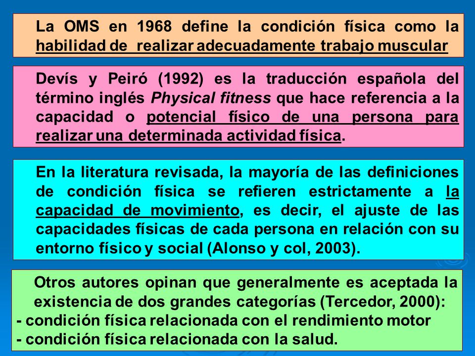 La OMS en 1968 define la condición física como la habilidad de realizar adecuadamente trabajo muscular