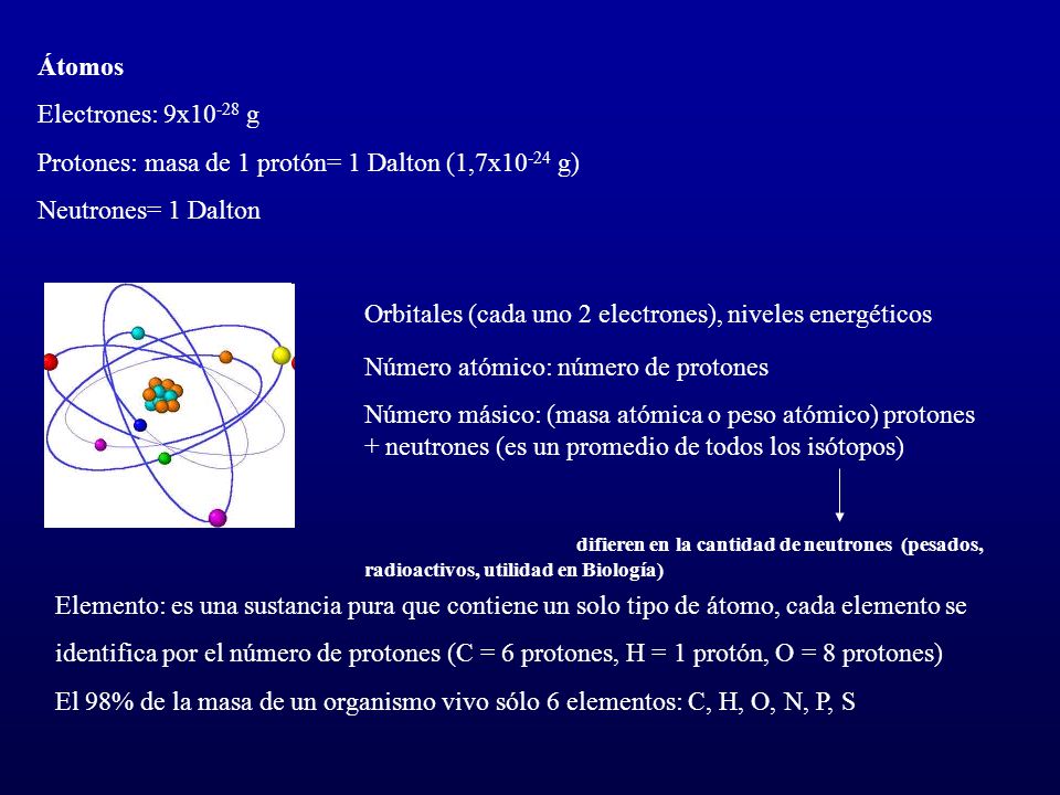 Átomos Electrones: 9x10-28 g. Protones: masa de 1 protón= 1 Dalton (1,7x10-24 g) Neutrones= 1 Dalton.