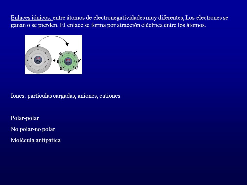 Enlaces iónicos: entre átomos de electronegatividades muy diferentes, Los electrones se ganan o se pierden. El enlace se forma por atracción eléctrica entre los átomos.