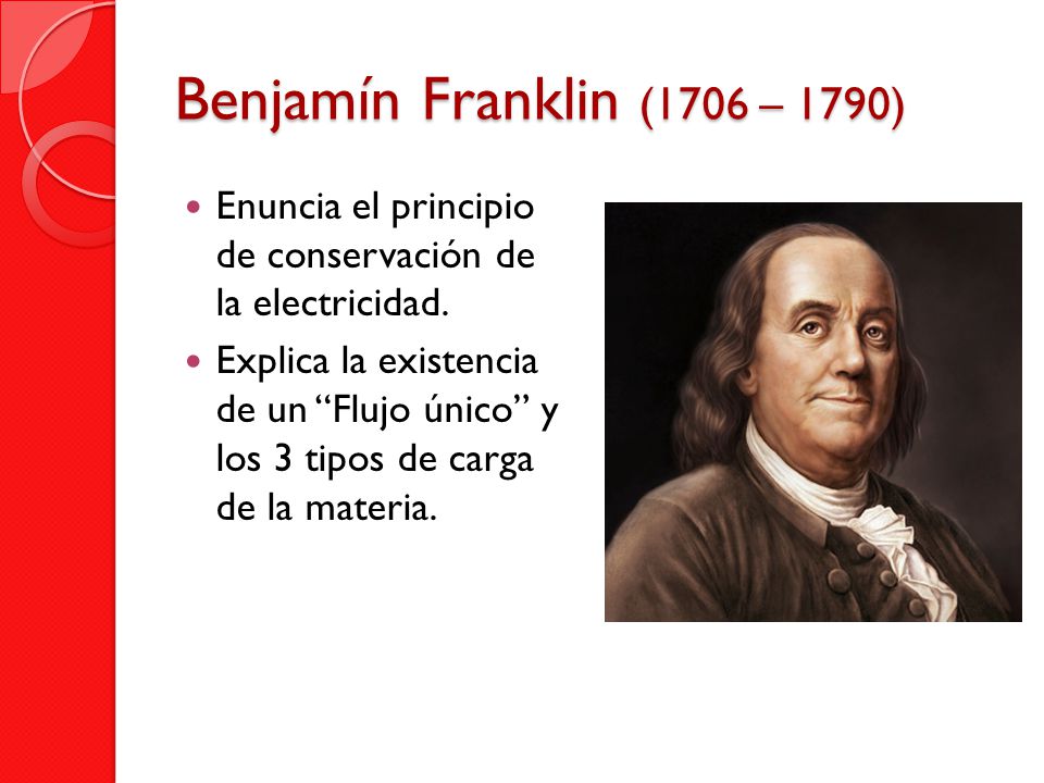 Benjamín Franklin (1706 – 1790) Enuncia el principio de conservación de la electricidad.