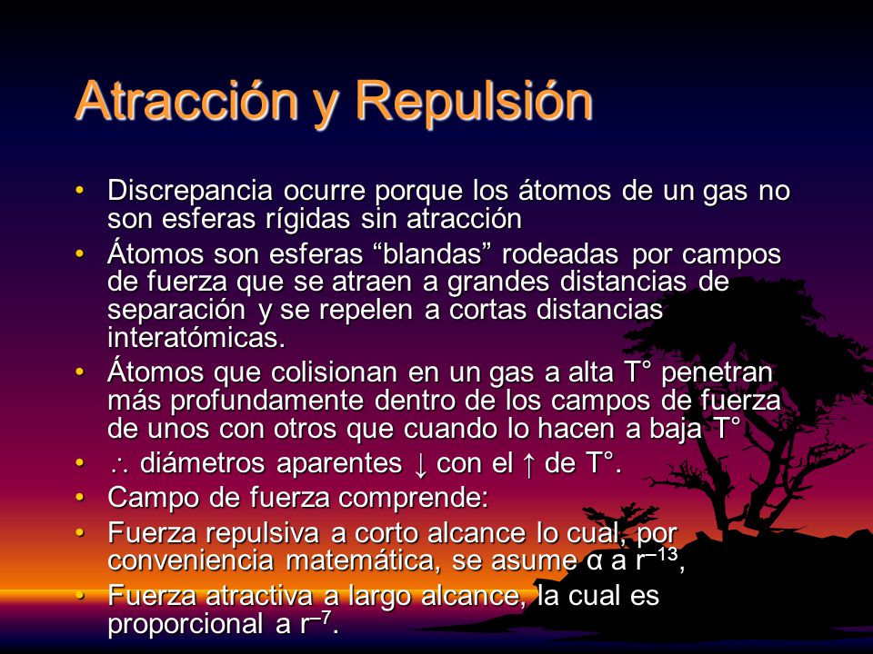 Atracción y Repulsión Discrepancia ocurre porque los átomos de un gas no son esferas rígidas sin atracción.