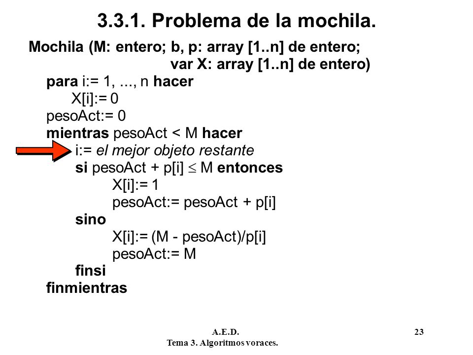 Problema de la mochila. Mochila (M: entero; b, p: array [1..n] de entero; var X: array [1..n] de entero)