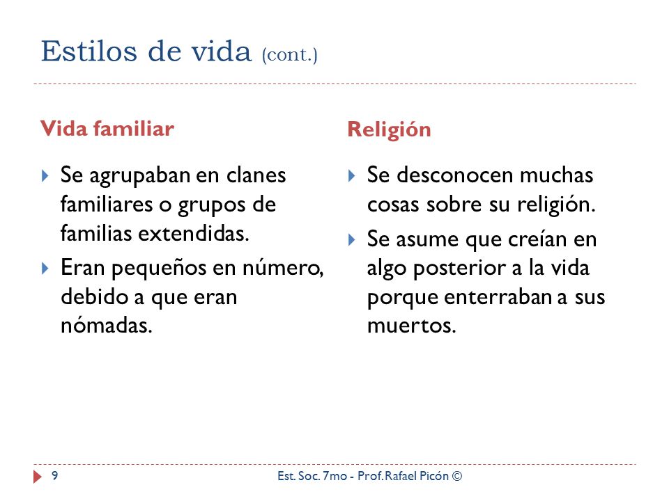 Estilos de vida (cont.) Vida familiar. Religión. Se agrupaban en clanes familiares o grupos de familias extendidas.