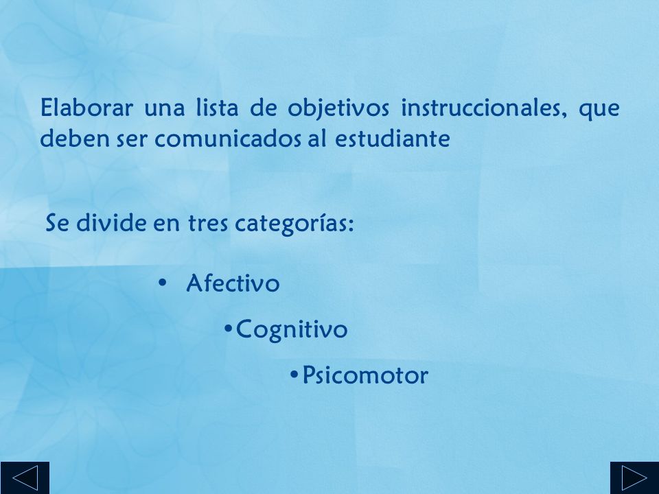 Elaborar una lista de objetivos instruccionales, que deben ser comunicados al estudiante