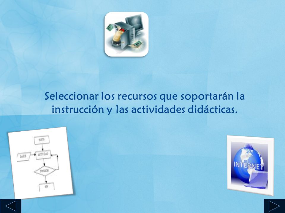 Seleccionar los recursos que soportarán la instrucción y las actividades didácticas.