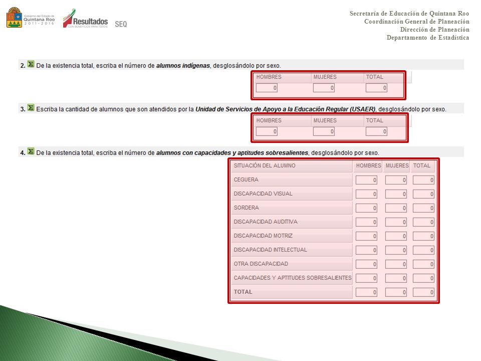 Secretaría de Educación de Quintana Roo Coordinación General de Planeación Dirección de Planeación Departamento de Estadística