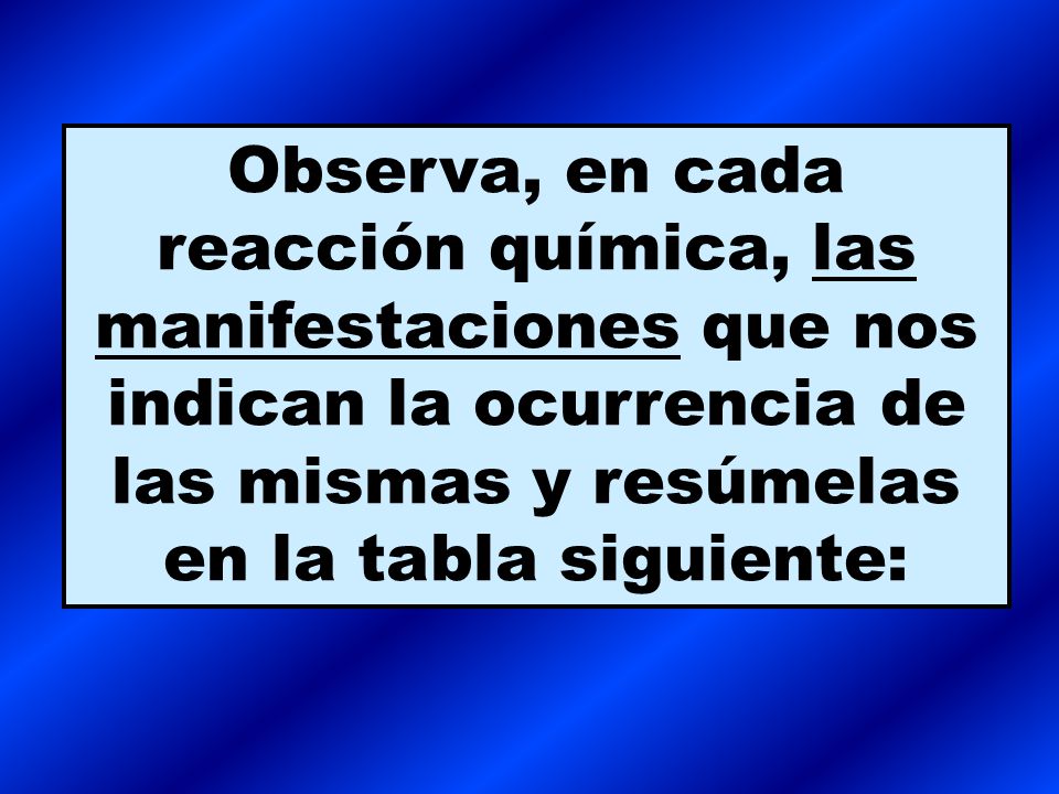 Observa, en cada reacción química, las manifestaciones que nos indican la ocurrencia de las mismas y resúmelas en la tabla siguiente: