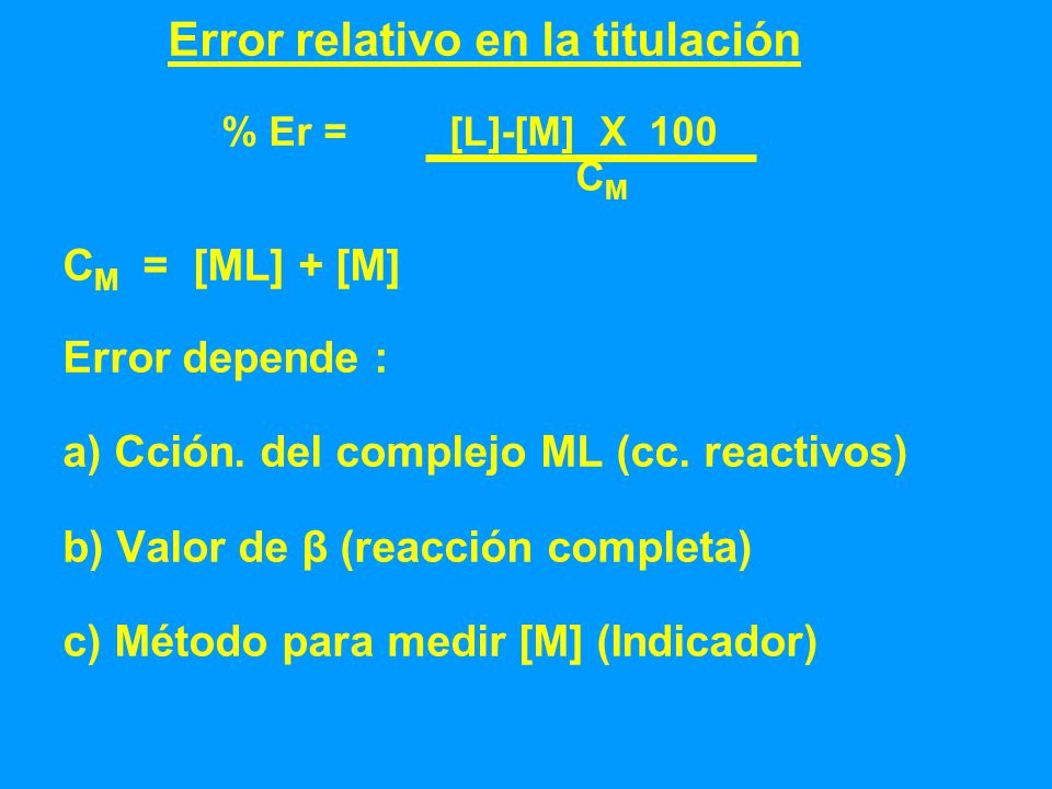 Error relativo en la titulación % Er = [L]-[M] X 100
