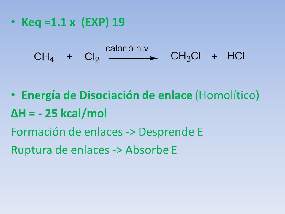 Keq =1.1 x (EXP) 19 Energía de Disociación de enlace (Homolítico) ΔH = - 25 kcal/mol. Formación de enlaces -> Desprende E.