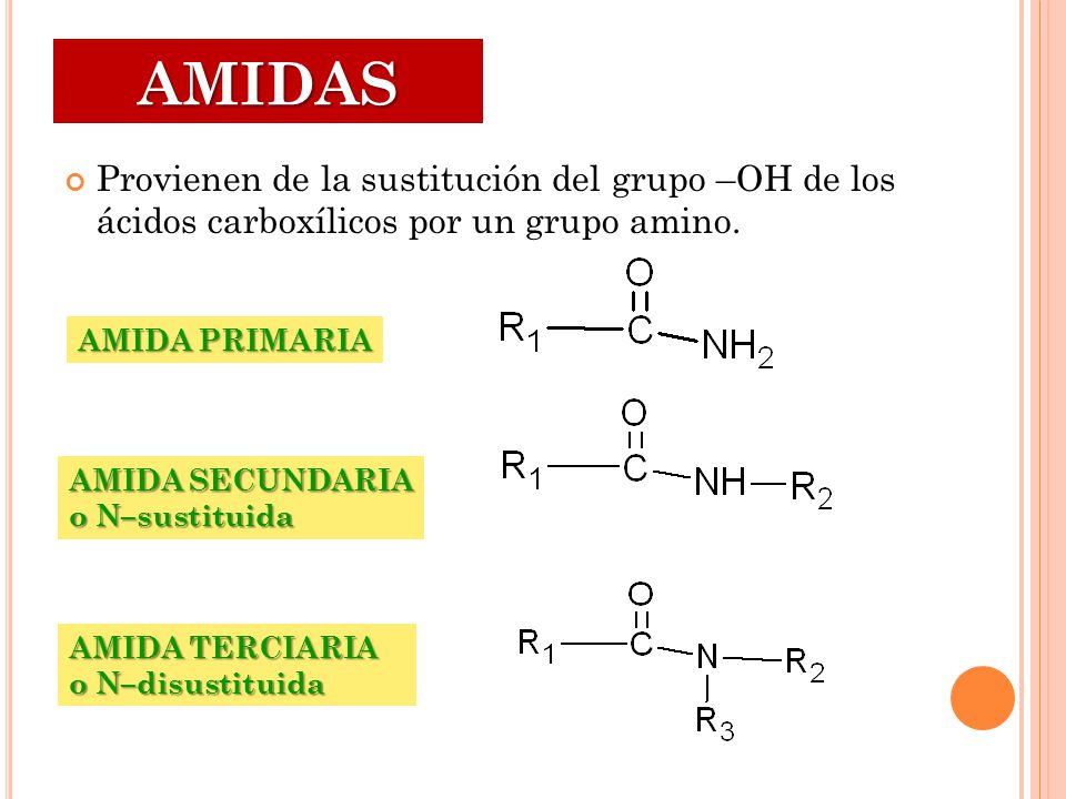 AMIDAS Provienen de la sustitución del grupo –OH de los ácidos carboxílicos por un grupo amino. AMIDA PRIMARIA.