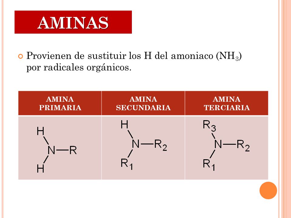 AMINAS Provienen de sustituir los H del amoniaco (NH3) por radicales orgánicos. AMINA. PRIMARIA.