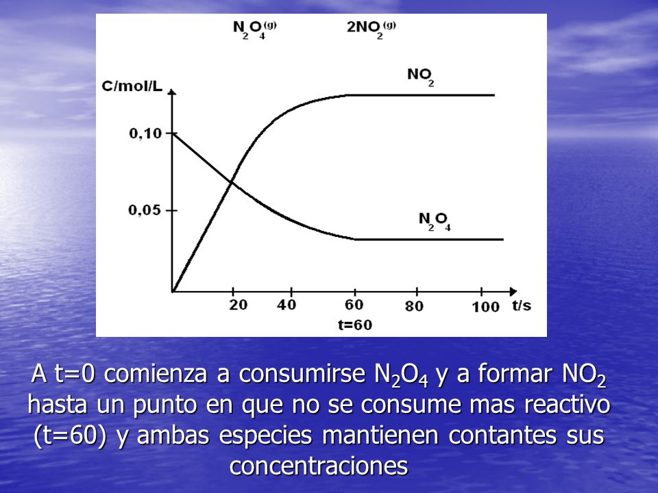 A t=0 comienza a consumirse N2O4 y a formar NO2 hasta un punto en que no se consume mas reactivo (t=60) y ambas especies mantienen contantes sus concentraciones