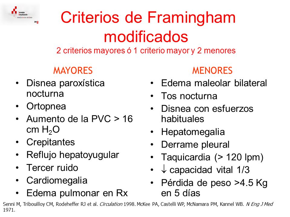 Criterios de Framingham modificados 2 criterios mayores ó 1 criterio mayor y 2 menores