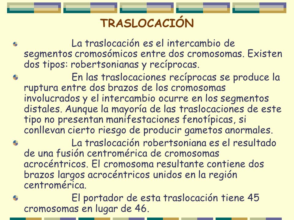 TRASLOCACIÓN La traslocación es el intercambio de segmentos cromosómicos entre dos cromosomas. Existen dos tipos: robertsonianas y recíprocas.