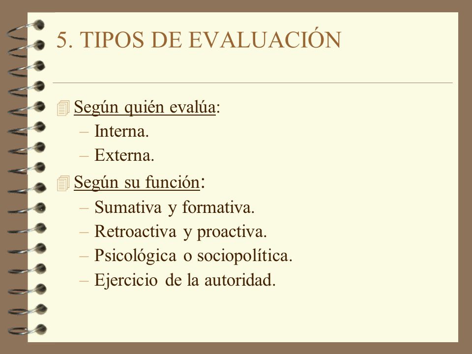 5. TIPOS DE EVALUACIÓN Según quién evalúa: Interna. Externa.