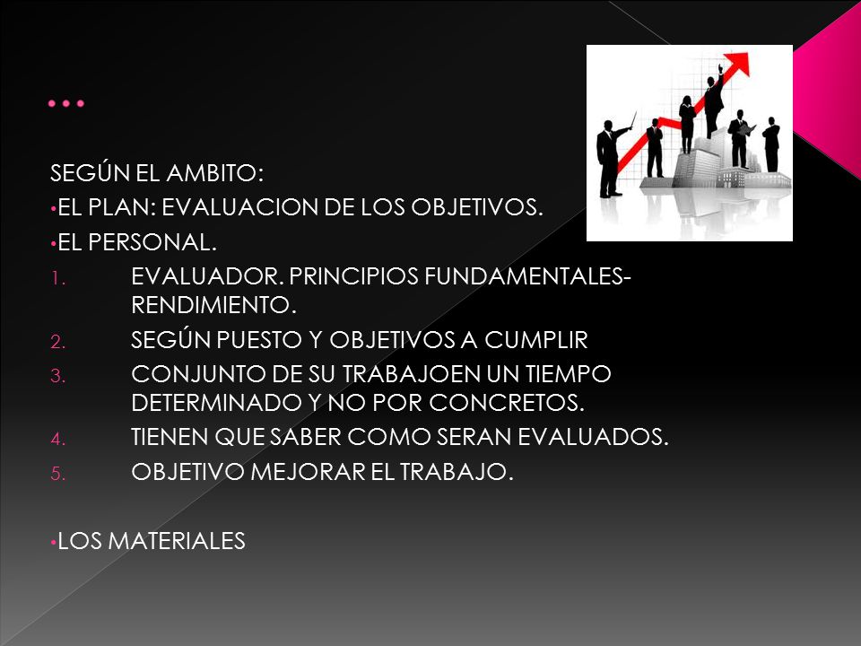 … SEGÚN EL AMBITO: EL PLAN: EVALUACION DE LOS OBJETIVOS. EL PERSONAL.