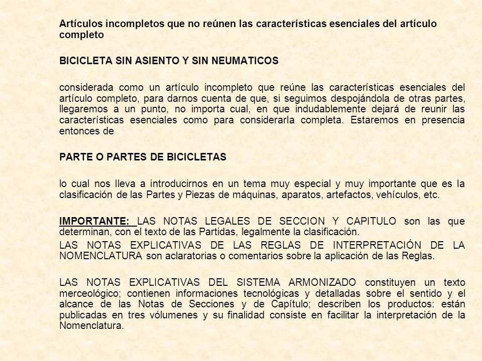Artículos incompletos que no reúnen las características esenciales del artículo completo