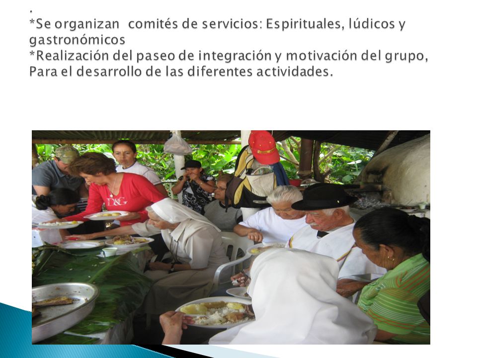 . *Se organizan comités de servicios: Espirituales, lúdicos y gastronómicos *Realización del paseo de integración y motivación del grupo, Para el desarrollo de las diferentes actividades.