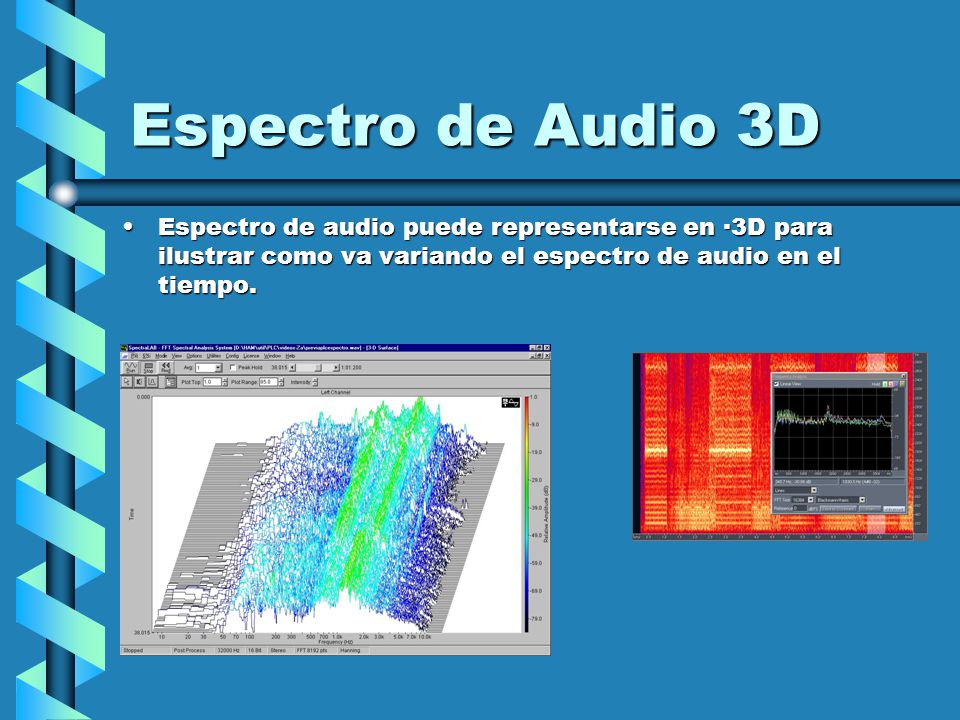 Espectro de Audio 3D Espectro de audio puede representarse en ·3D para ilustrar como va variando el espectro de audio en el tiempo.