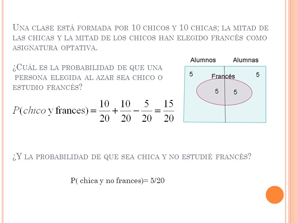 Una clase está formada por 10 chicos y 10 chicas; la mitad de las chicas y la mitad de los chicos han elegido francés como asignatura optativa. ¿Cuál es la probabilidad de que una persona elegida al azar sea chico o estudio francés ¿Y la probabilidad de que sea chica y no estudié francés