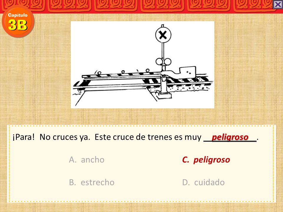 ¡Para! No cruces ya. Este cruce de trenes es muy peligroso .