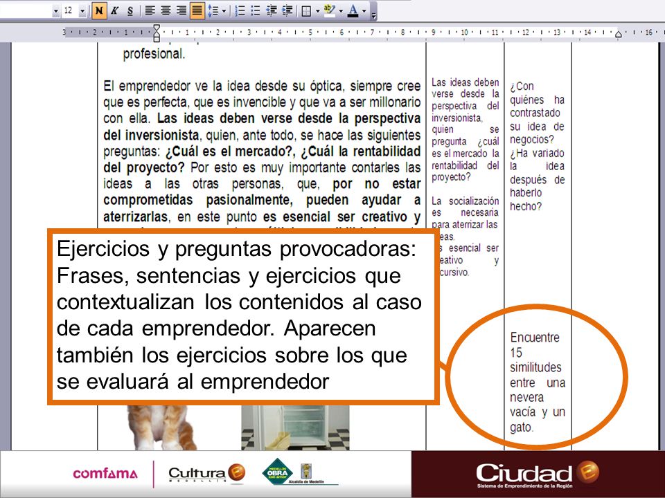 Ejercicios y preguntas provocadoras: Frases, sentencias y ejercicios que contextualizan los contenidos al caso de cada emprendedor.
